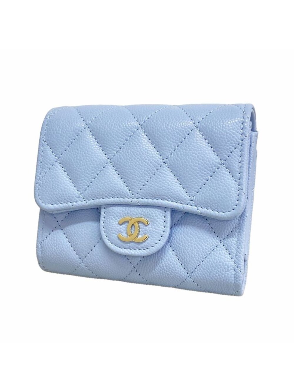 Chanel Trifold Wallet Quilted Caviar Leather Light Blue Champagne Gold